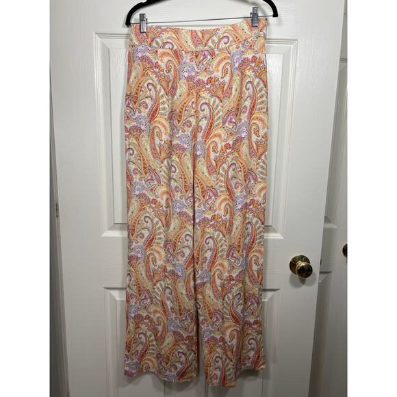 MNG Mango Nora Wide Leg Orange Paisley Print Tie Belt Women's Pants Casual - Picture 7 of 10